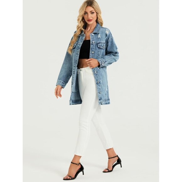 Long Denim Jacket Women Oversized Ripped Casual Fall Streetwear - Picture 6 of 6